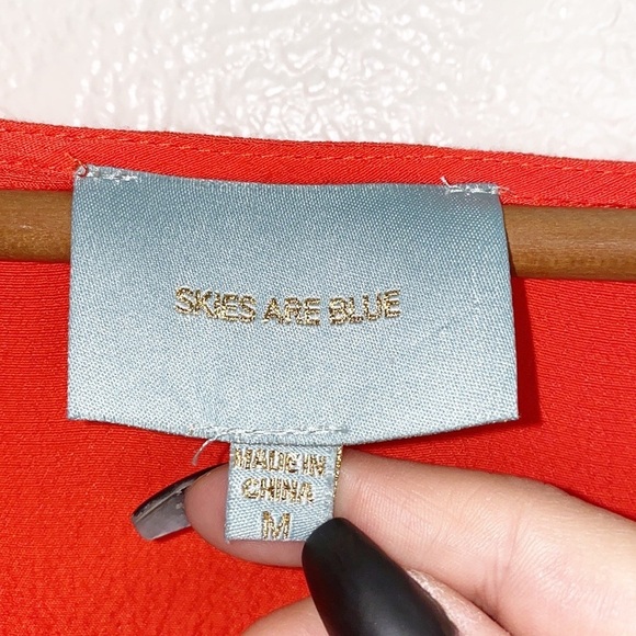 Skies Are Blue Red Orange Colorblock Tie Front Short Sleeve V Neck Mini Dress - Picture 7 of 12